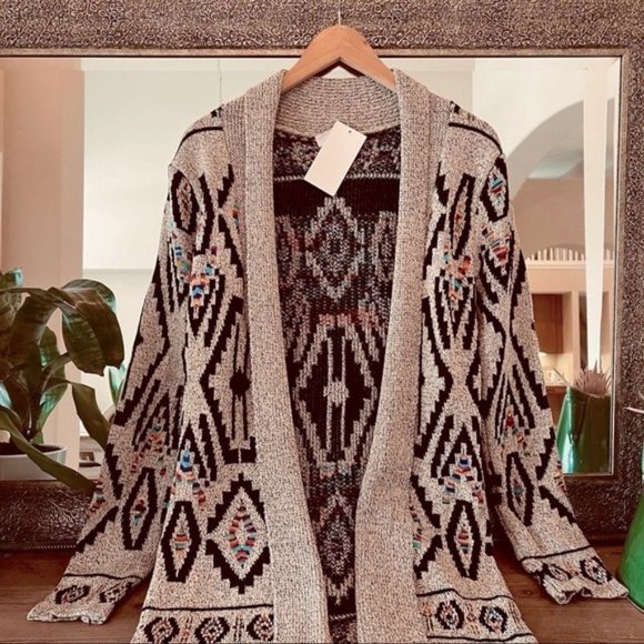Aztec Print Cardigan Long Open Front Knit Sweater Tribal Native Pattern New - Picture 3 of 6